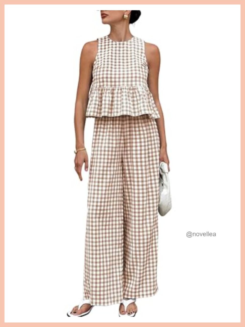 Women's 2 Piece Lounge Set - Gingham Tank & Wide Leg Pants with Pockets